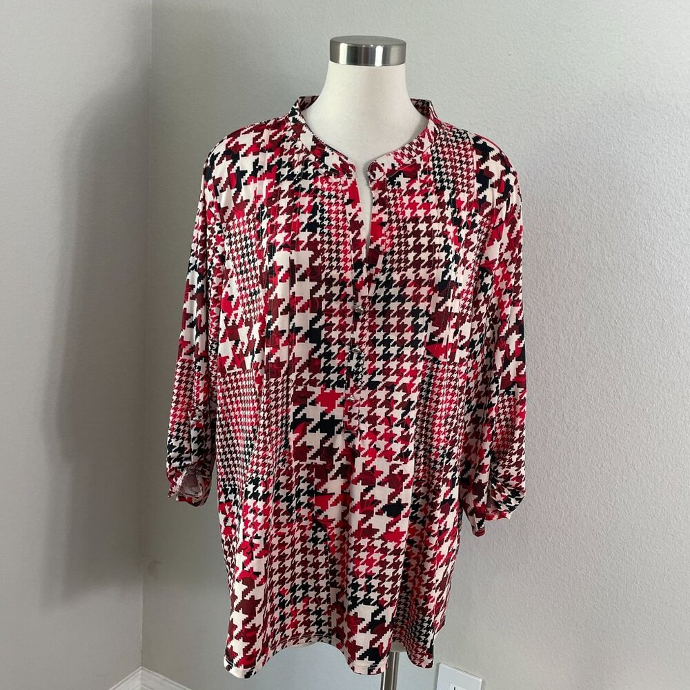 Cocomo Woman‎ Plus 3X Red Black White Houndstooth Tunic Top Stretch Shirt